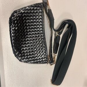 Black Woven Crossbody Bag with Wide Strap - Women
